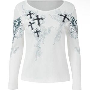 White Long-Sleeve V-Neck Cross & Wing Graphic Top